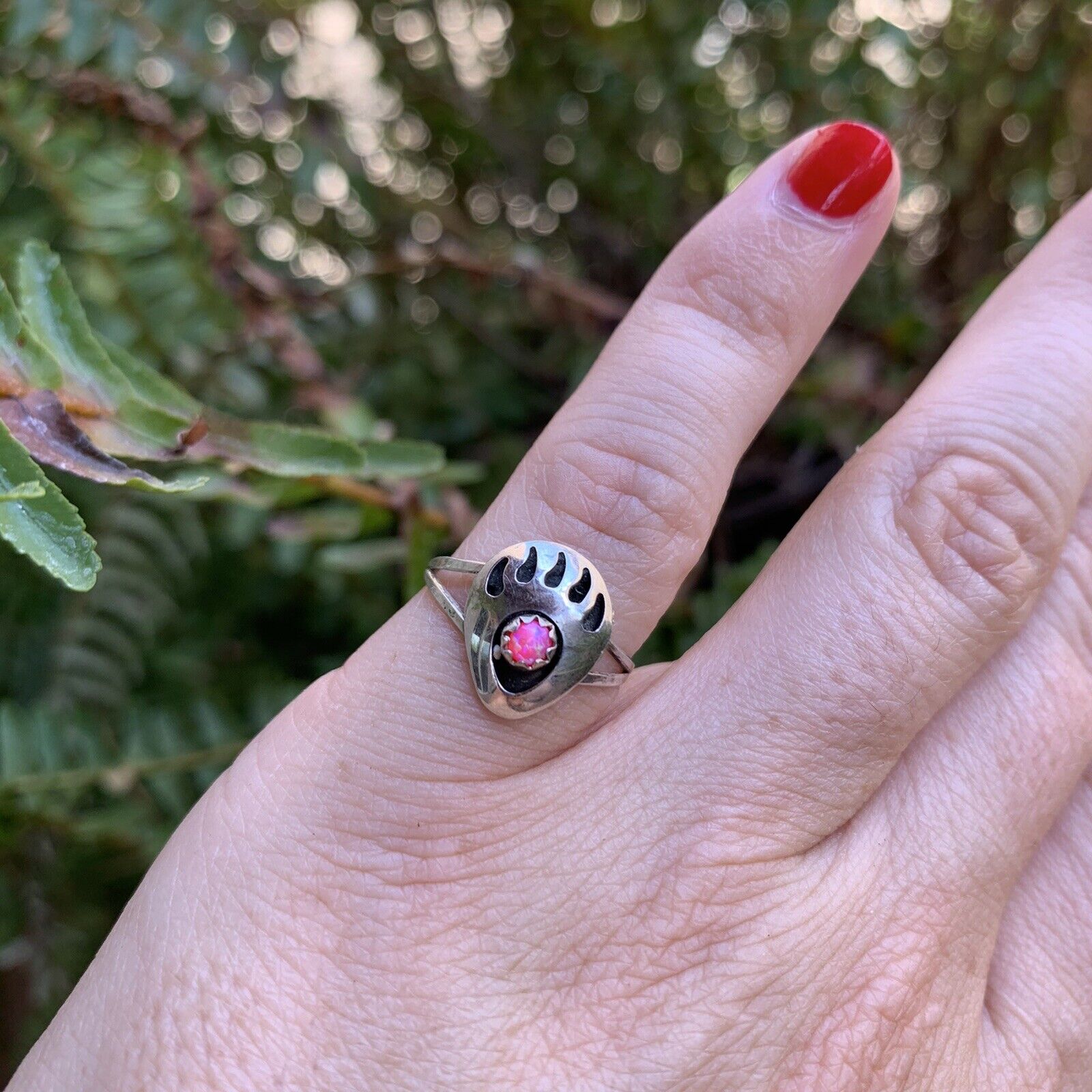 Navajo Sterling Silver Pink Opal Bear Paw Ring