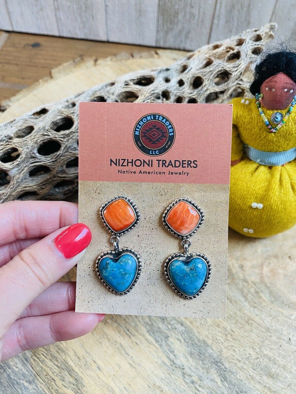 Navajo Sterling Silver, Orange Spiny & Turquoise Heart Dangle Earrings