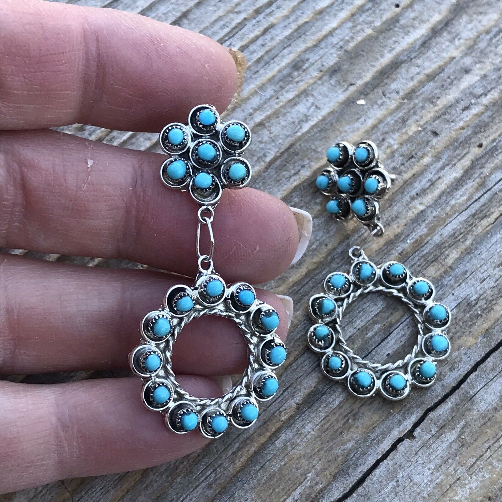 Navajo Turquoise Silver Petit Point Dangle Earrings