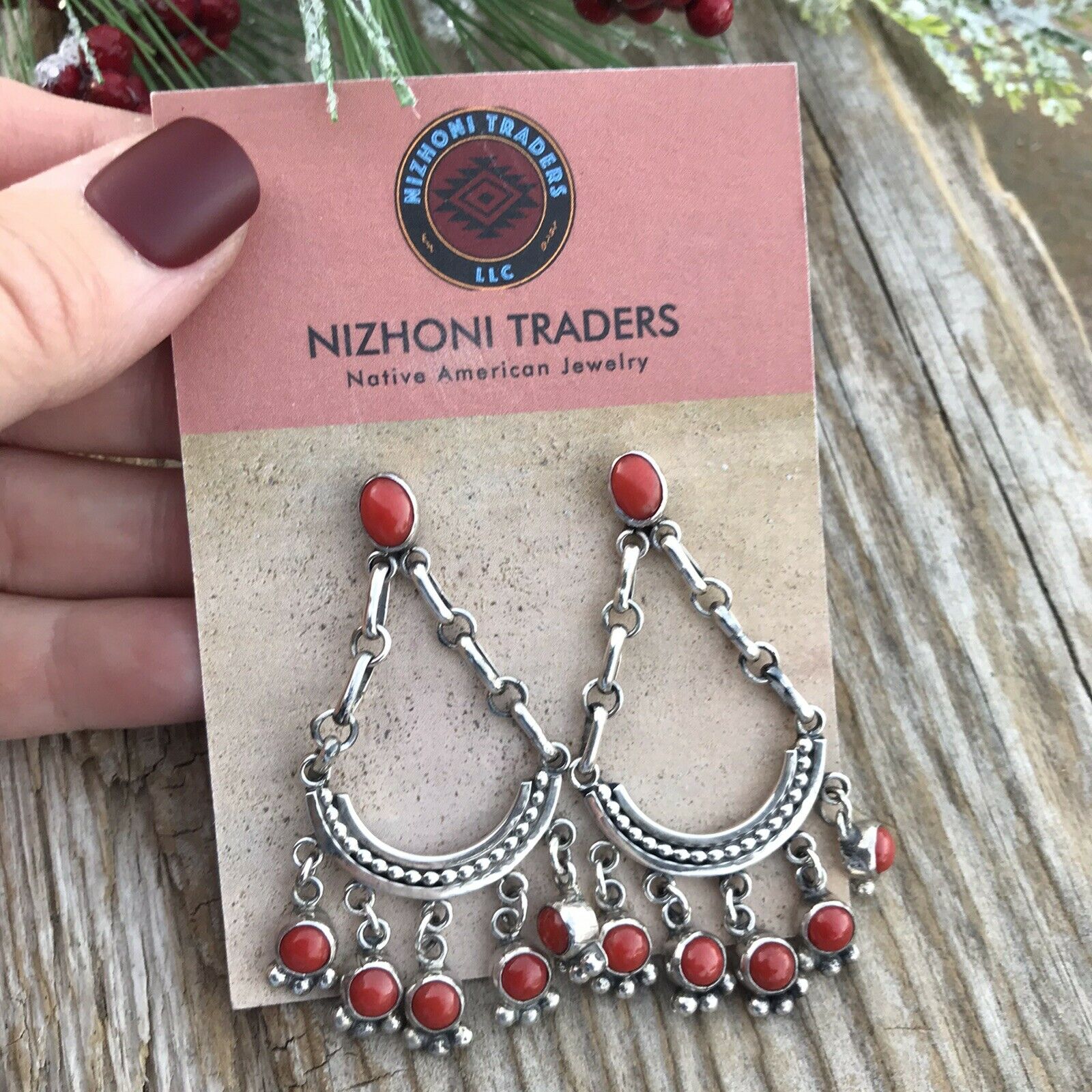 Navajo Natural Red Coral Sterling Silver Chandelier Style Dangle Earrings