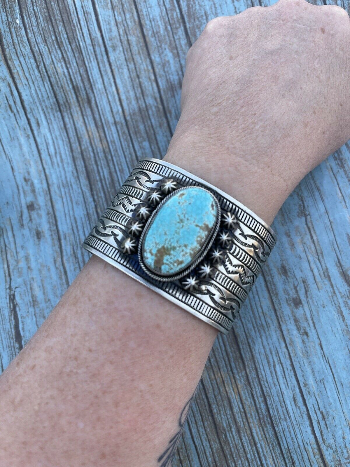 Navajo Handmade Sterling & Number 8 Turquoise Signed Cuff Signed Danny Clark