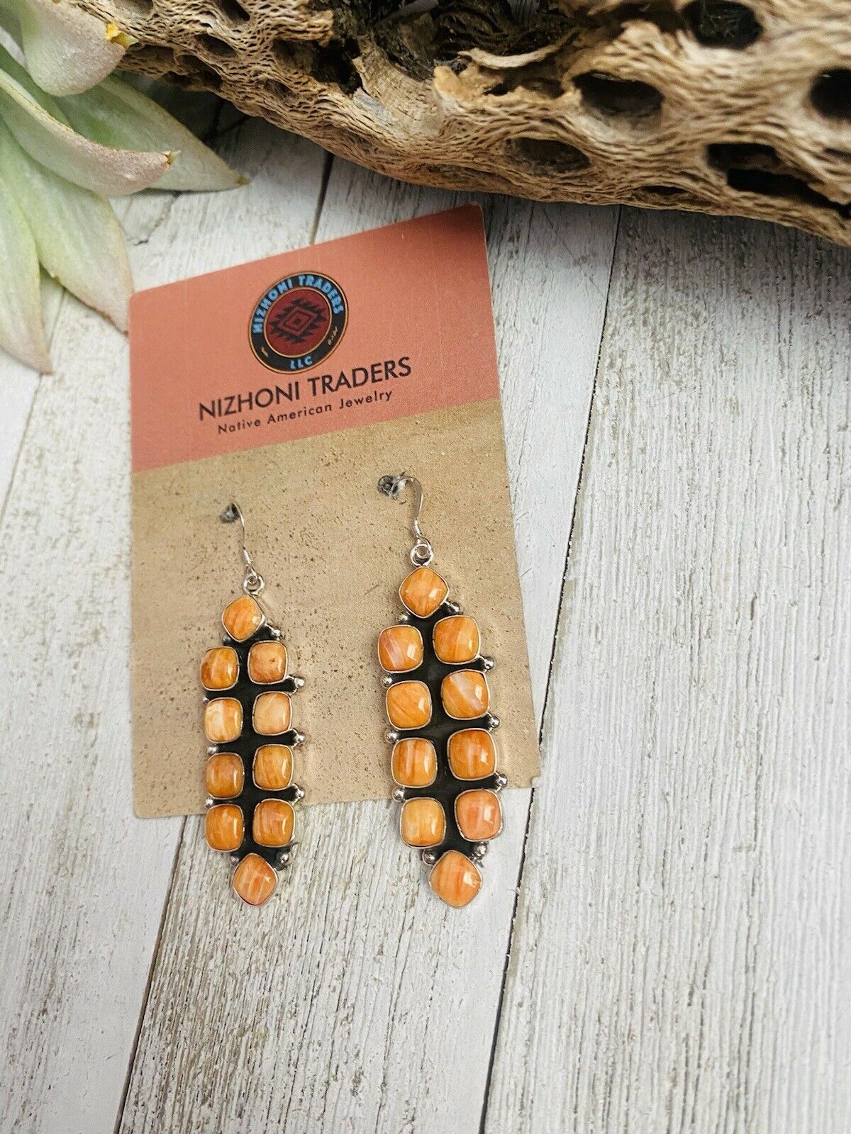 Navajo Sterling Silver & Orange Spiny Oyster Dangle Earrings