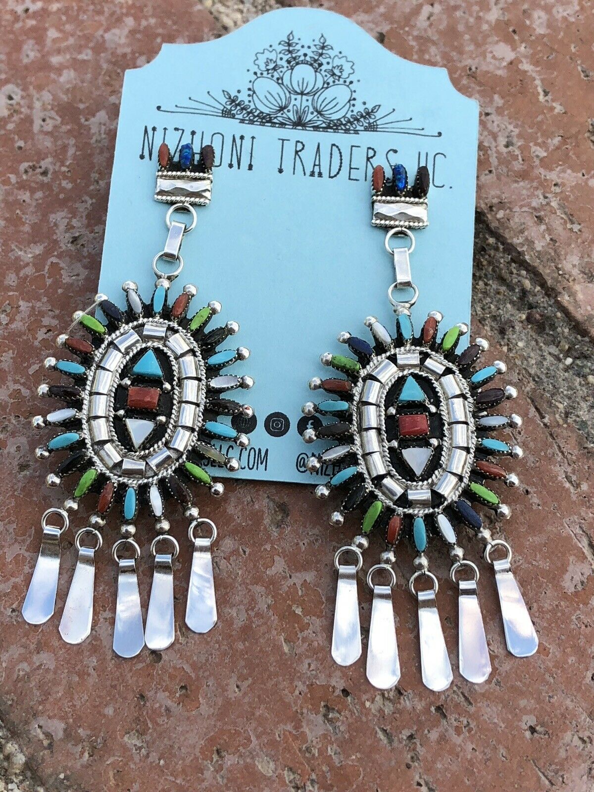 Zuni Sterling Silver and Multi Stone Needle Point Dangle Earrings Signed