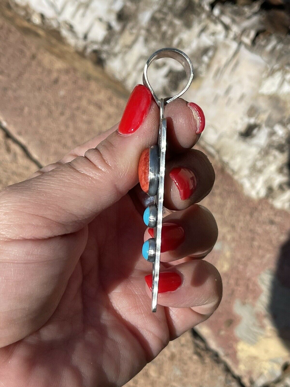 Navajo Handmade Sterling Silver Arrow Turquoise and Spiny Pendant