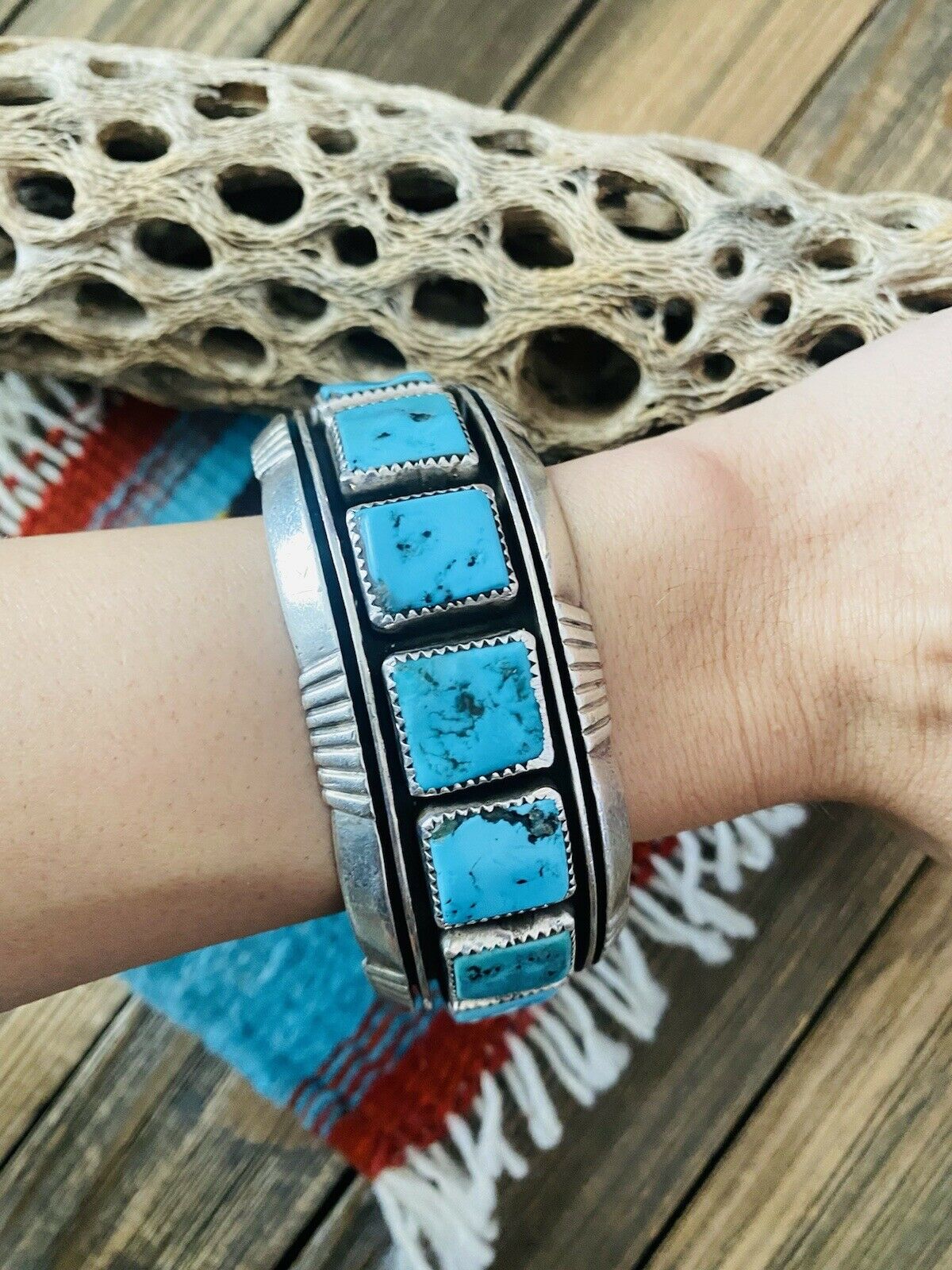 Navajo Kingman Turquoise, Coral & Sterling Silver Cuff Bracelet Signed