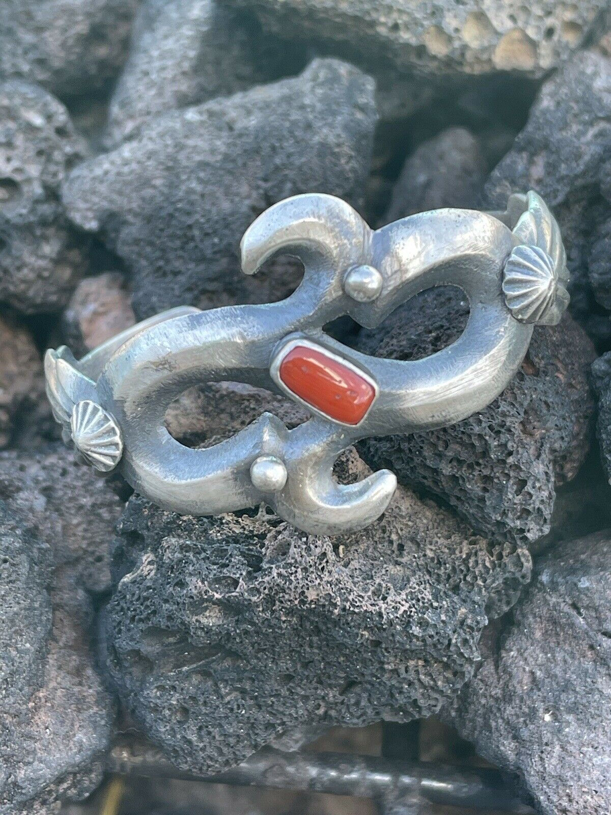 Navajo Natural Red Coral Sterling Silver Cuff By Artist Chimney Butte