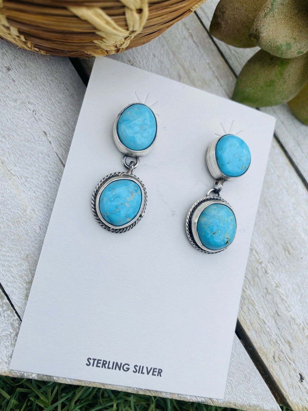 Navajo Sterling Silver & Turquoise Hand Stamped Dangle Earrings