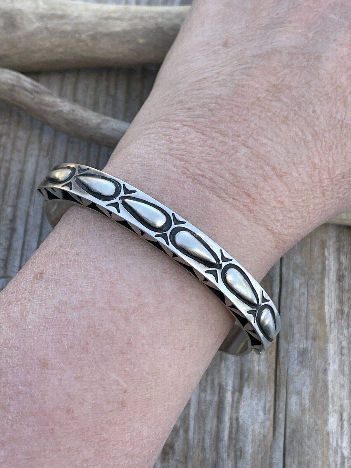 Leander Tahe Hand Stamped Sterling Navajo Bracelet Signed