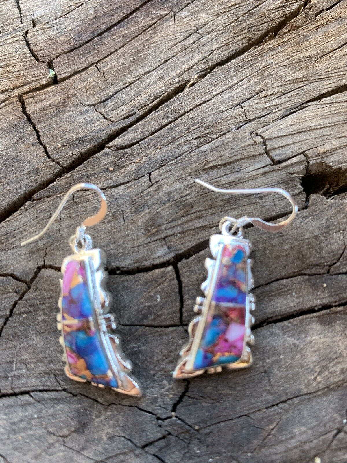 Navajo Pink Dream Mohave  Sterling Silver Wavy Dangle Earrings