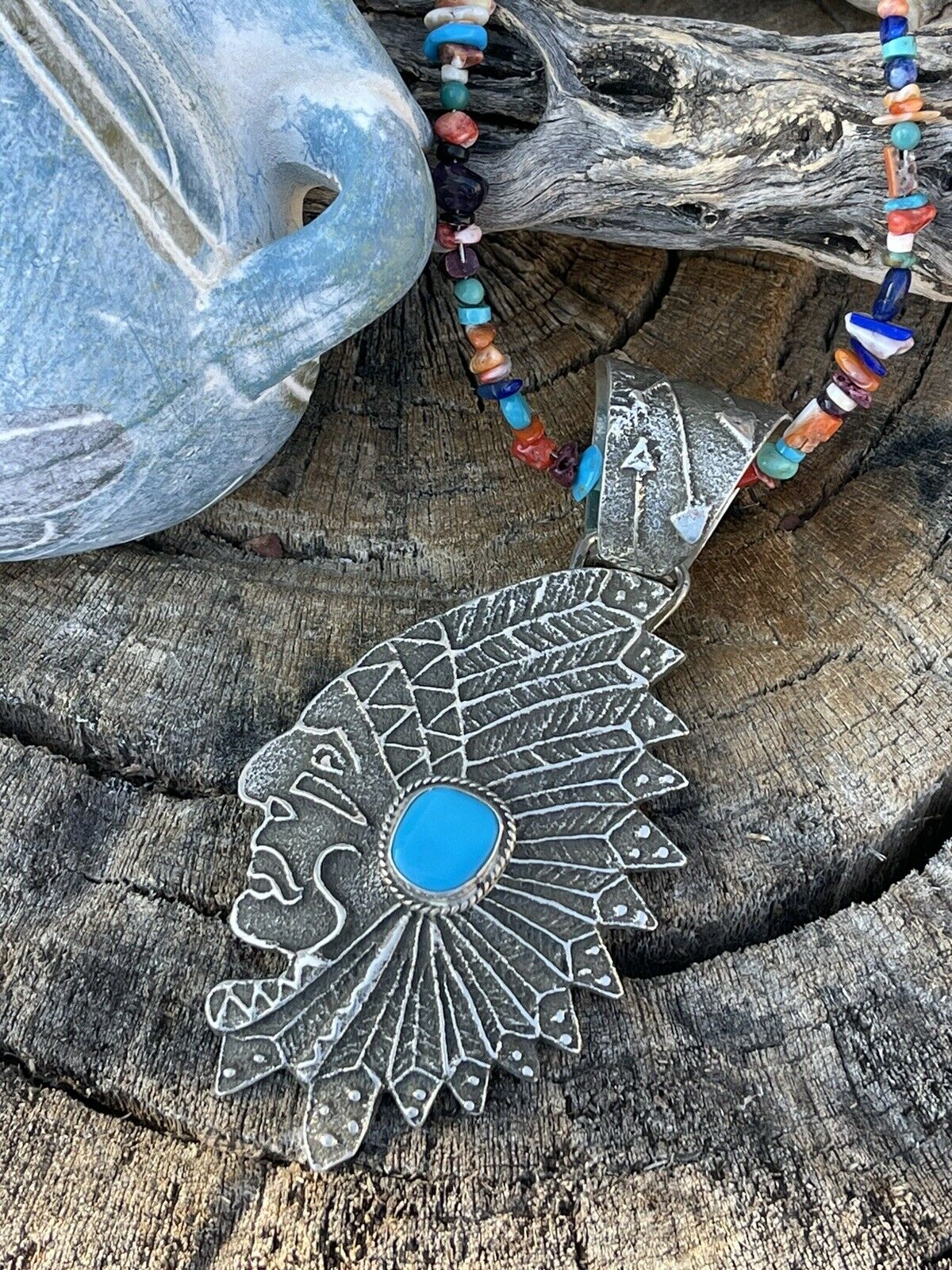 Navajo Sterling Silver Kingman Turquoise Indian Chief Sand Cast Pend