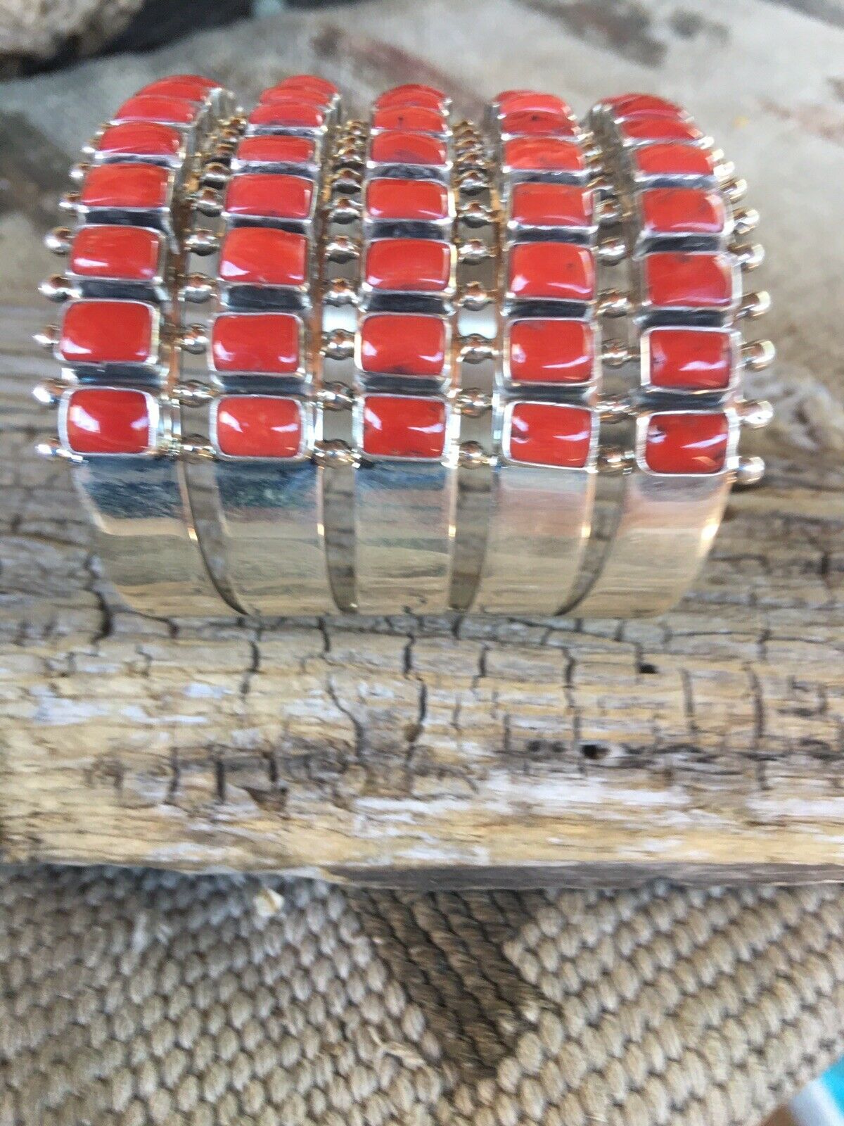 Navajo Natural Coral & Sterling Silver Cuff Bracelet By Paul Livingston