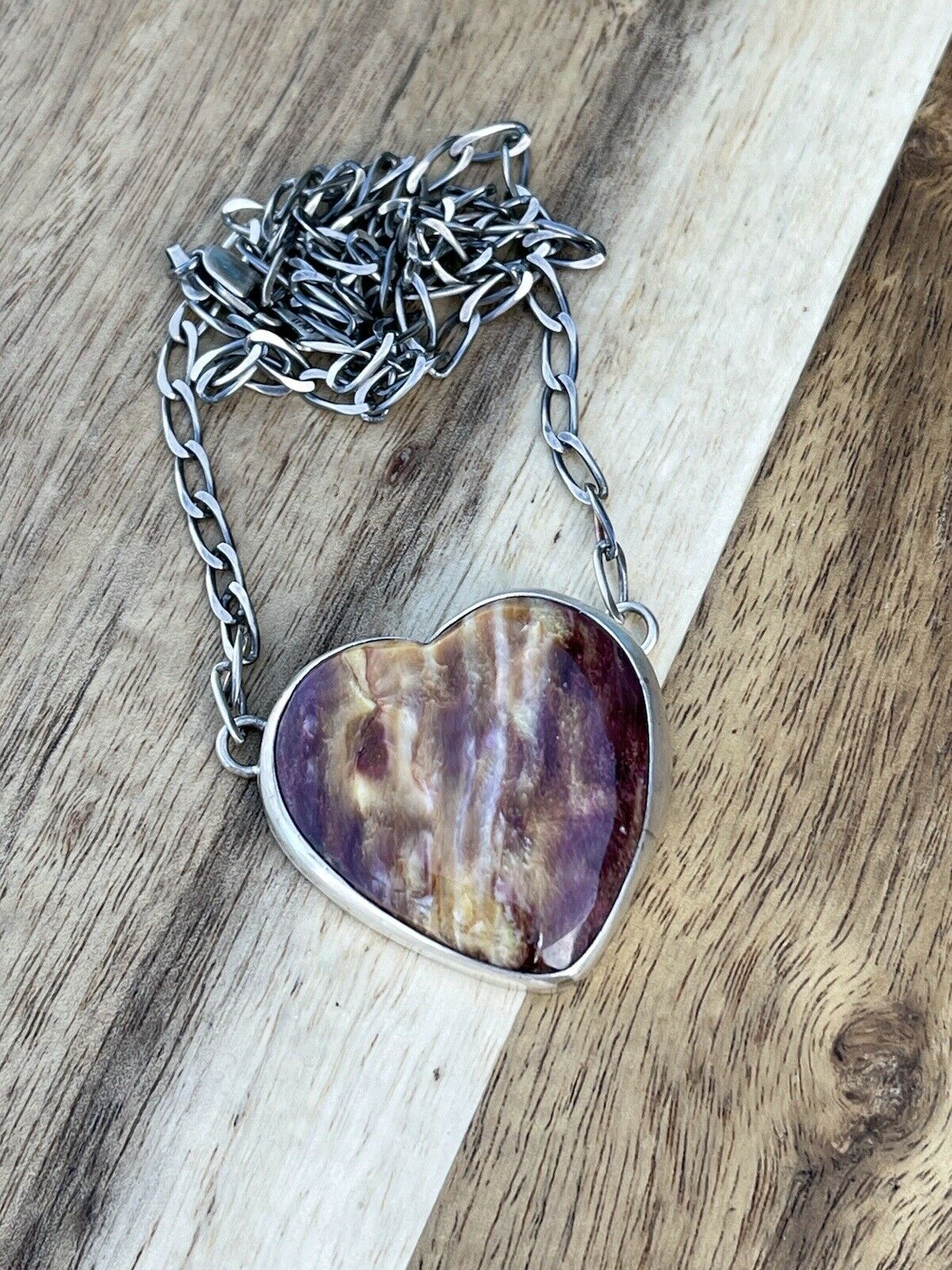 Navajo Purple Spiny And Sterling Silver Heart Necklace Signed