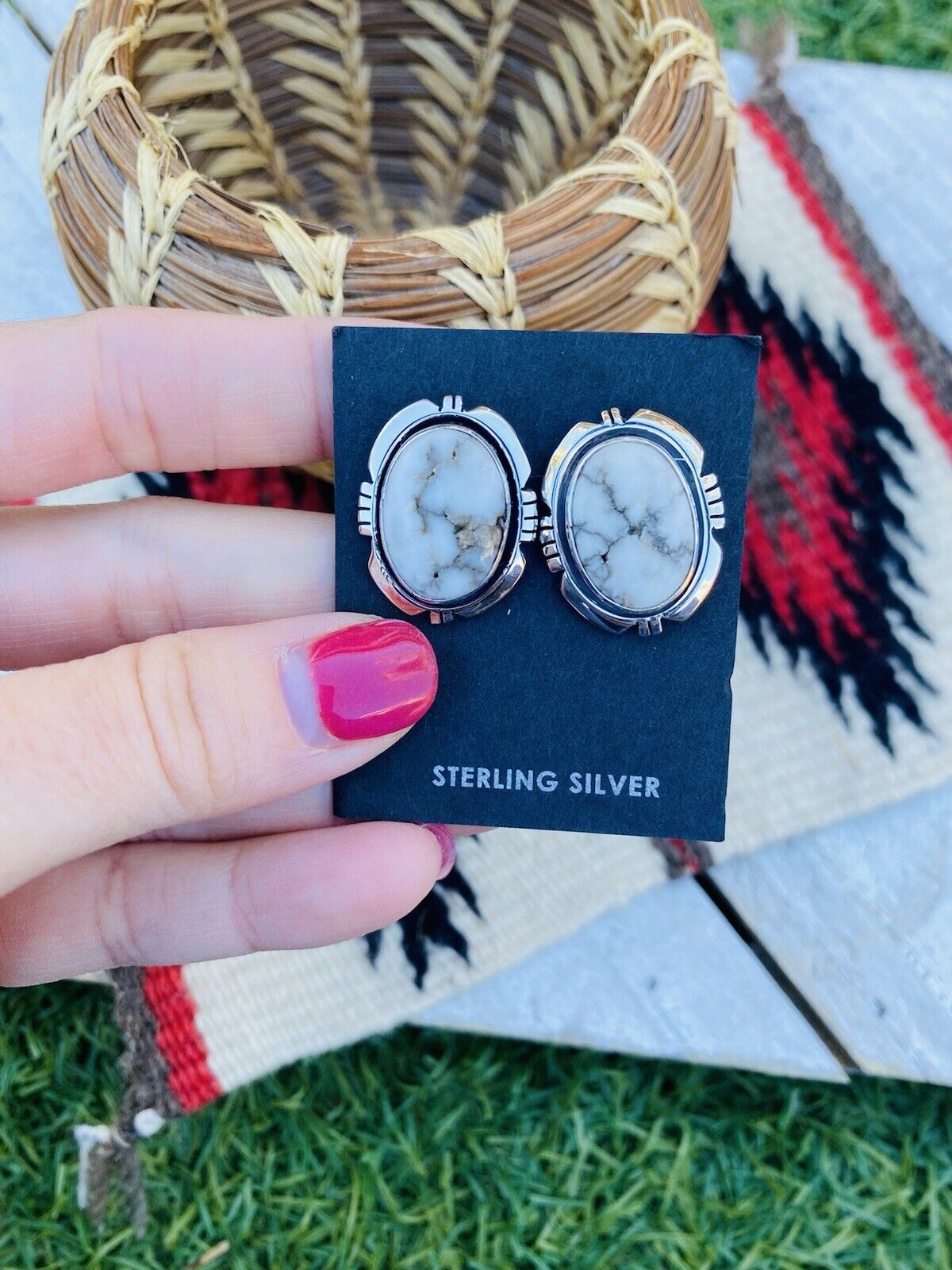 Navajo White Buffalo And Sterling Silver Post Earrings Signed