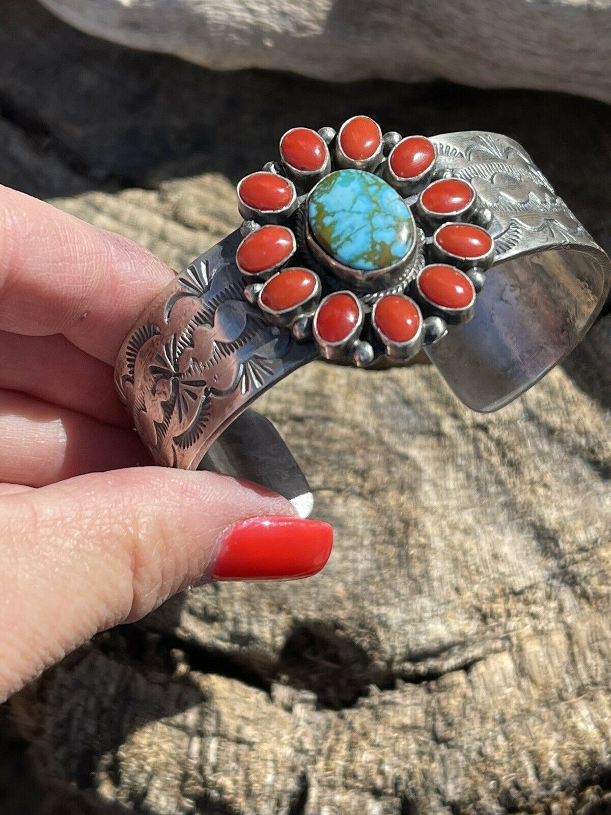 Navajo Sterling Kingman Web Turquoise & Red Coral Taos Bracelet Cuff