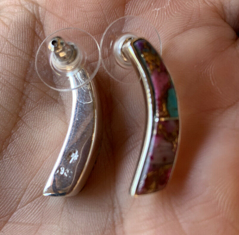 Navajo Pink Dream Mohave & Sterling Silver Crescent Stud Earrings