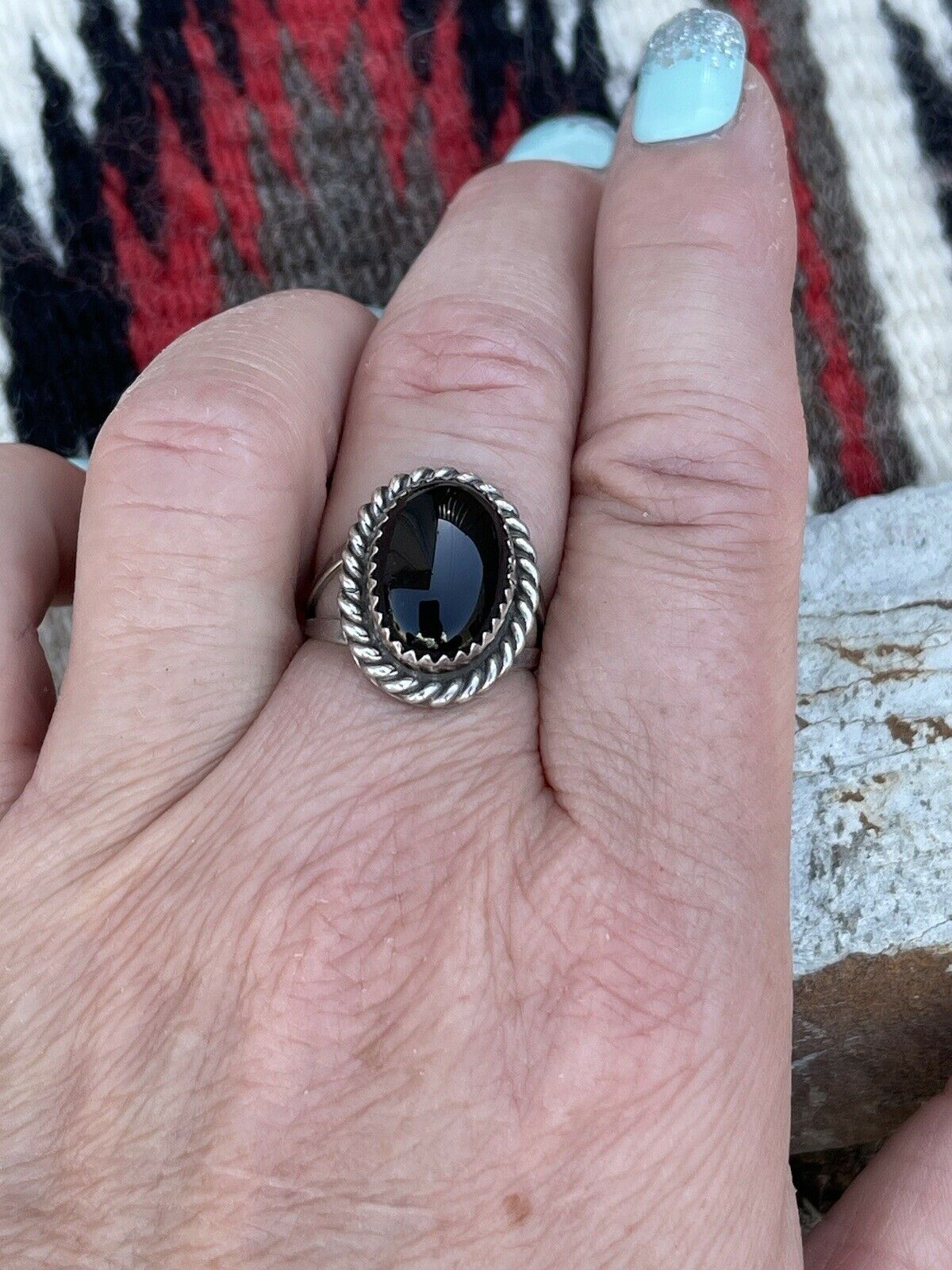 Navajo Sterling Silver Black Onyx Rope Style Ring