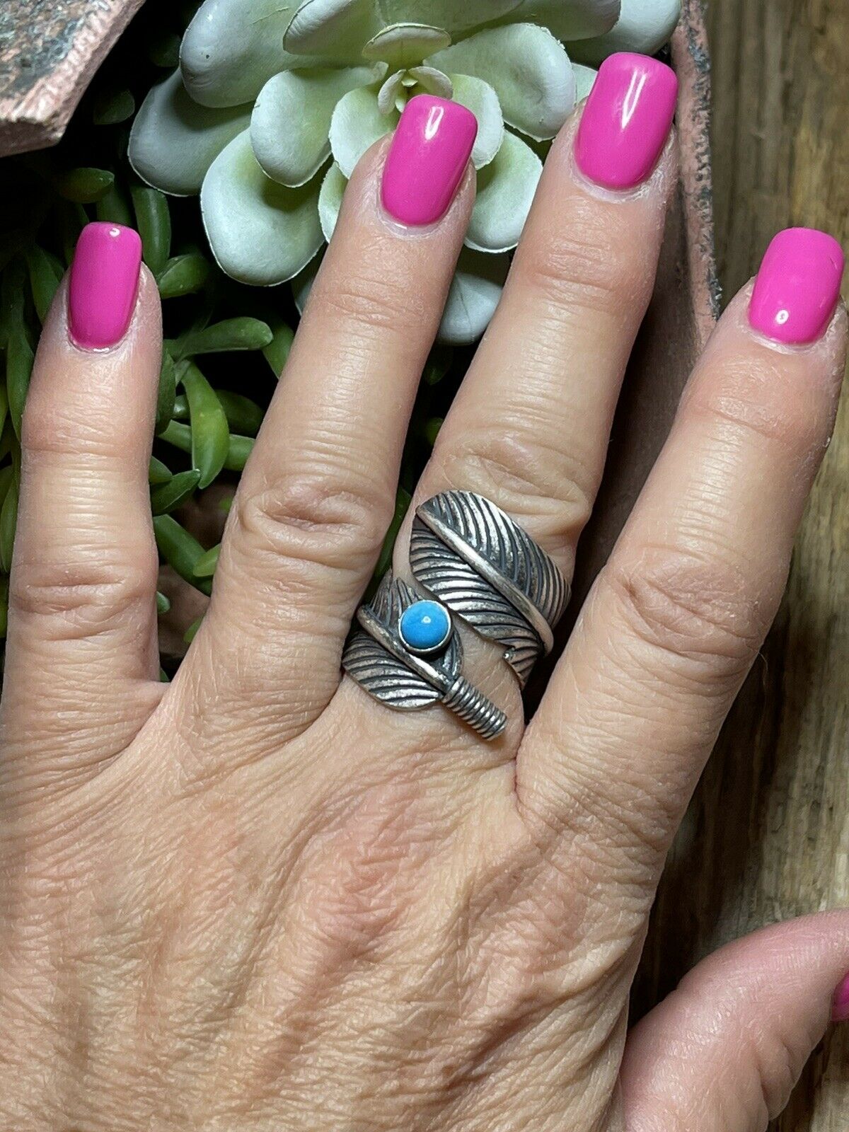 Navajo Sterling Silver & Turquoise Single Feather Adjustable Ring