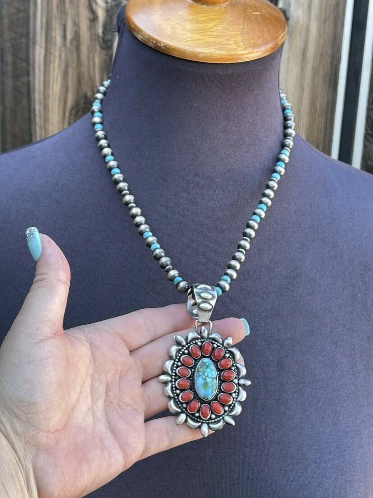 Navajo Sterling Kingman Web Turquoise & Red Coral Taos Ornate Pendant D. Clark