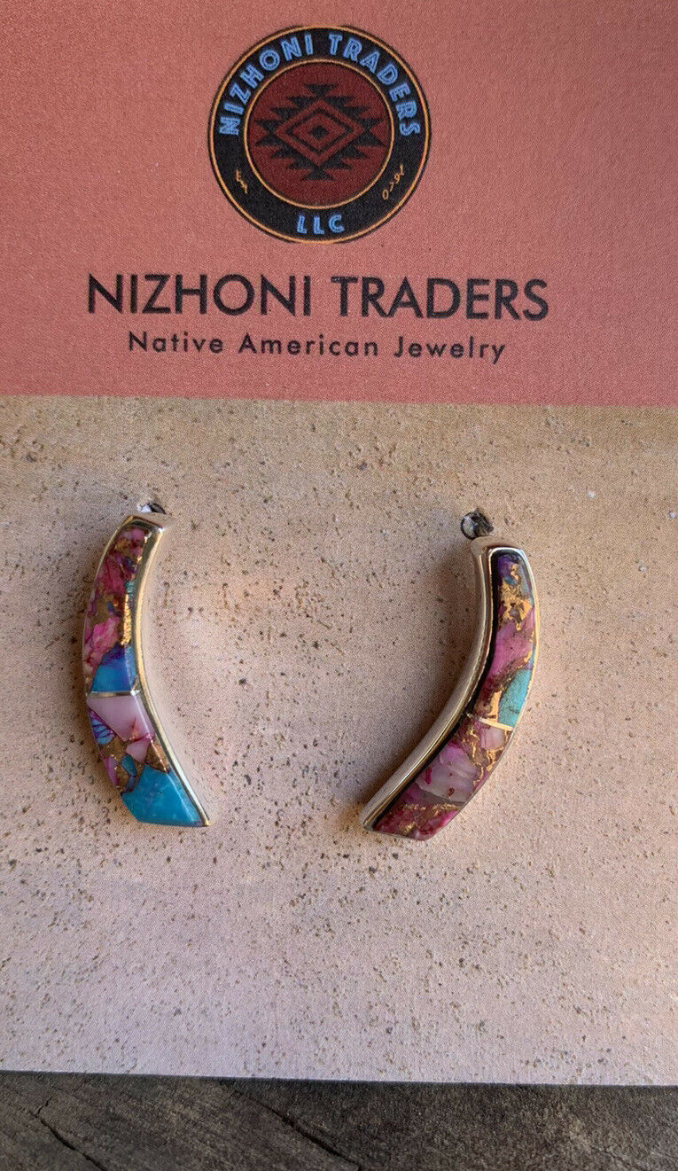 Navajo Pink Dream Mohave & Sterling Silver Crescent Stud Earrings