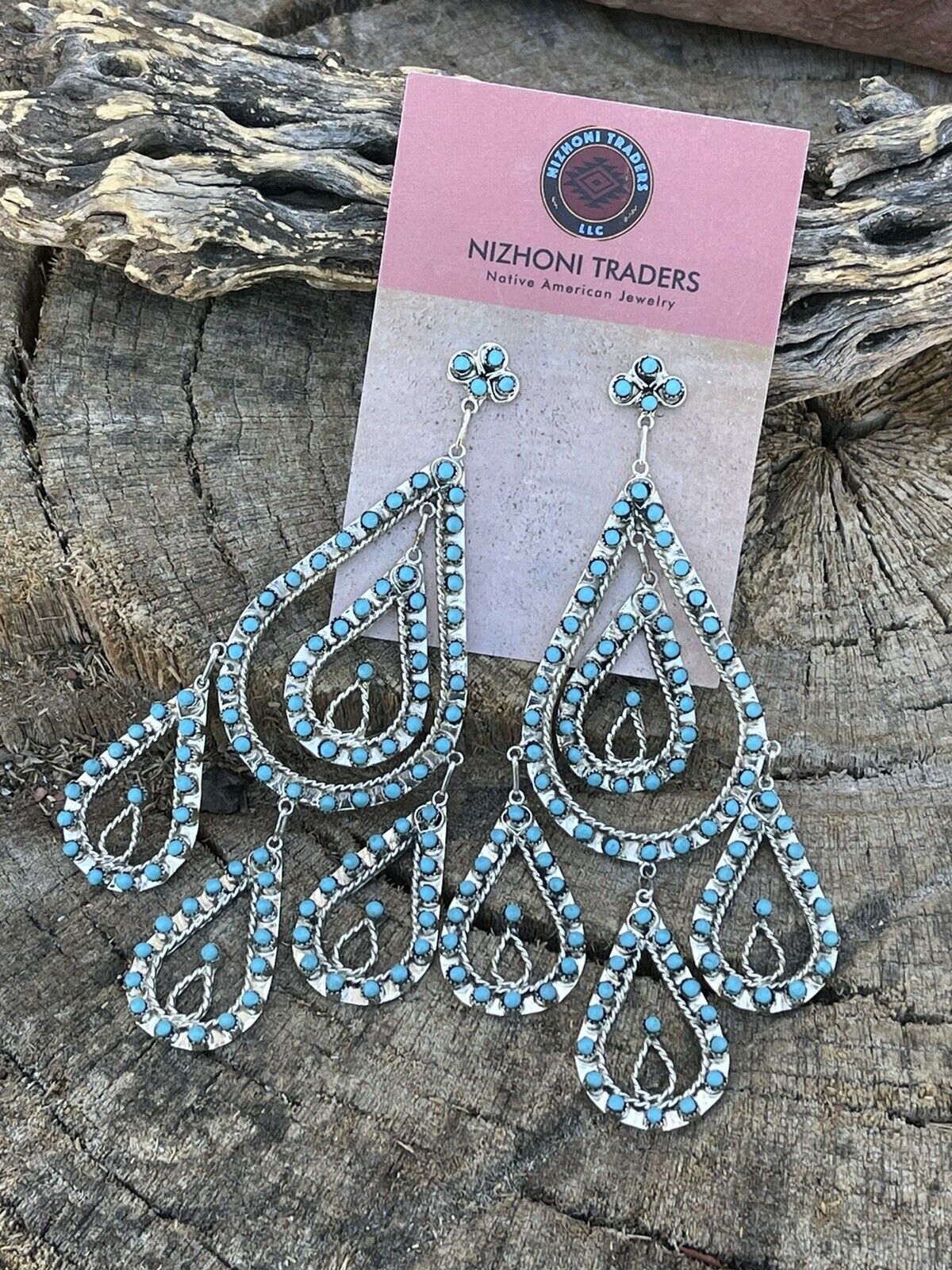 Zuni Sterling Silver & Snake Eye Chandelier Turquoise Dangle Earrings