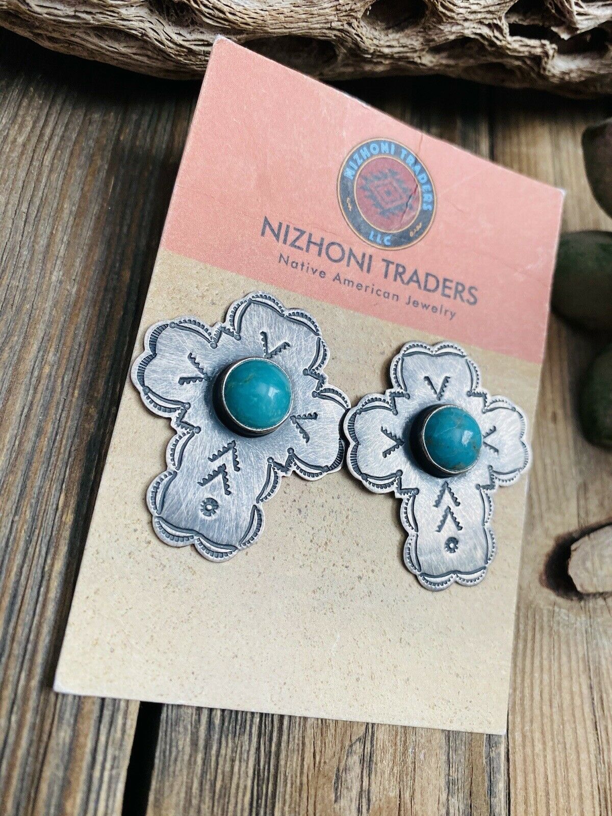 Navajo Turquoise & Sterling Silver Cross Post Earrings Signed