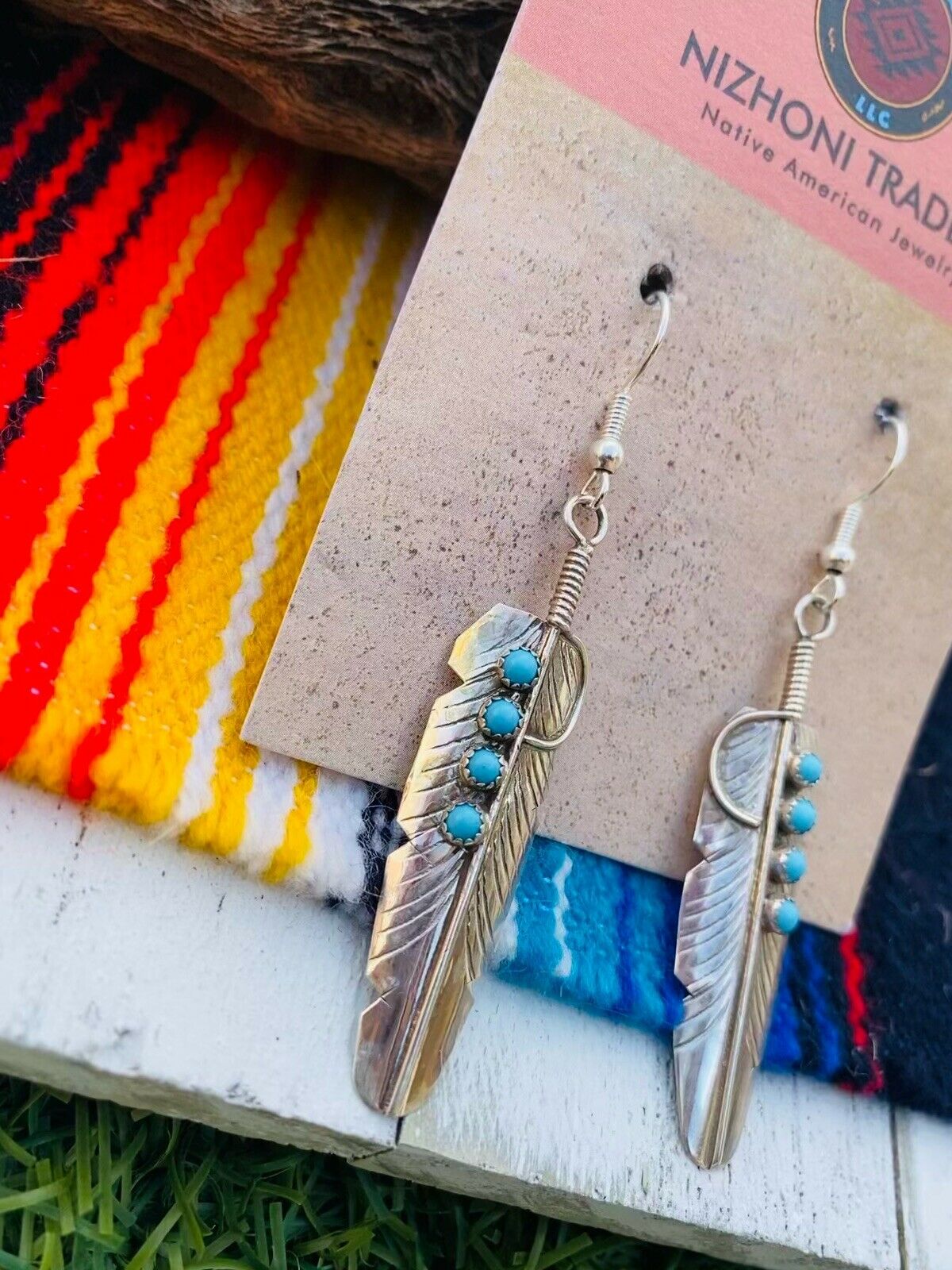 Navajo Turquoise & Sterling Silver Feather Dangle Earrings