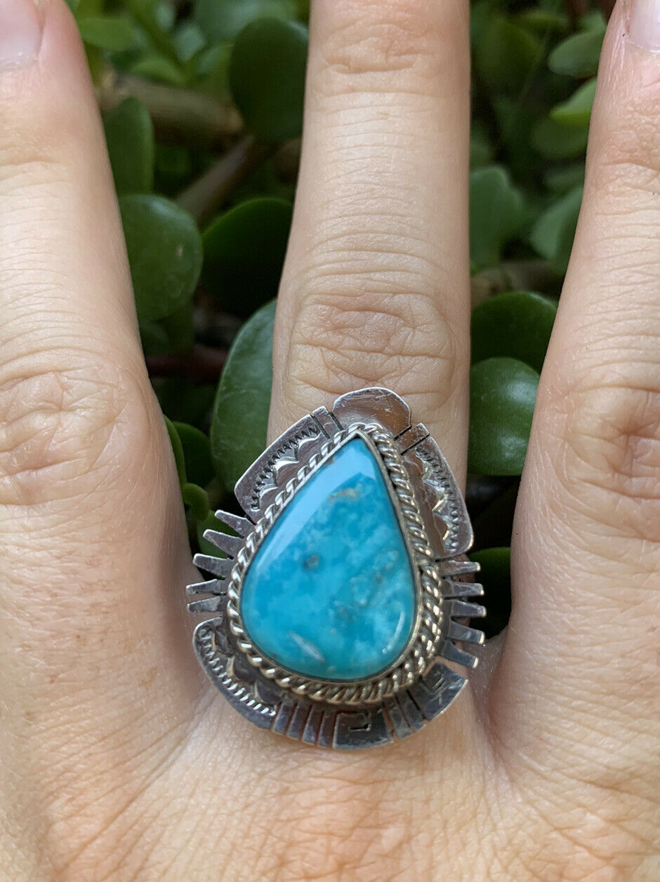 Navajo Kingman Turquoise & Stamped Sterling Silver Statement Ring