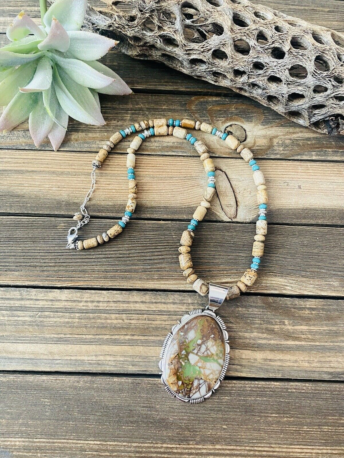 Handcrafted Jasper, Turquoise And Sterling Silver Beaded Necklace & Pendant Signed