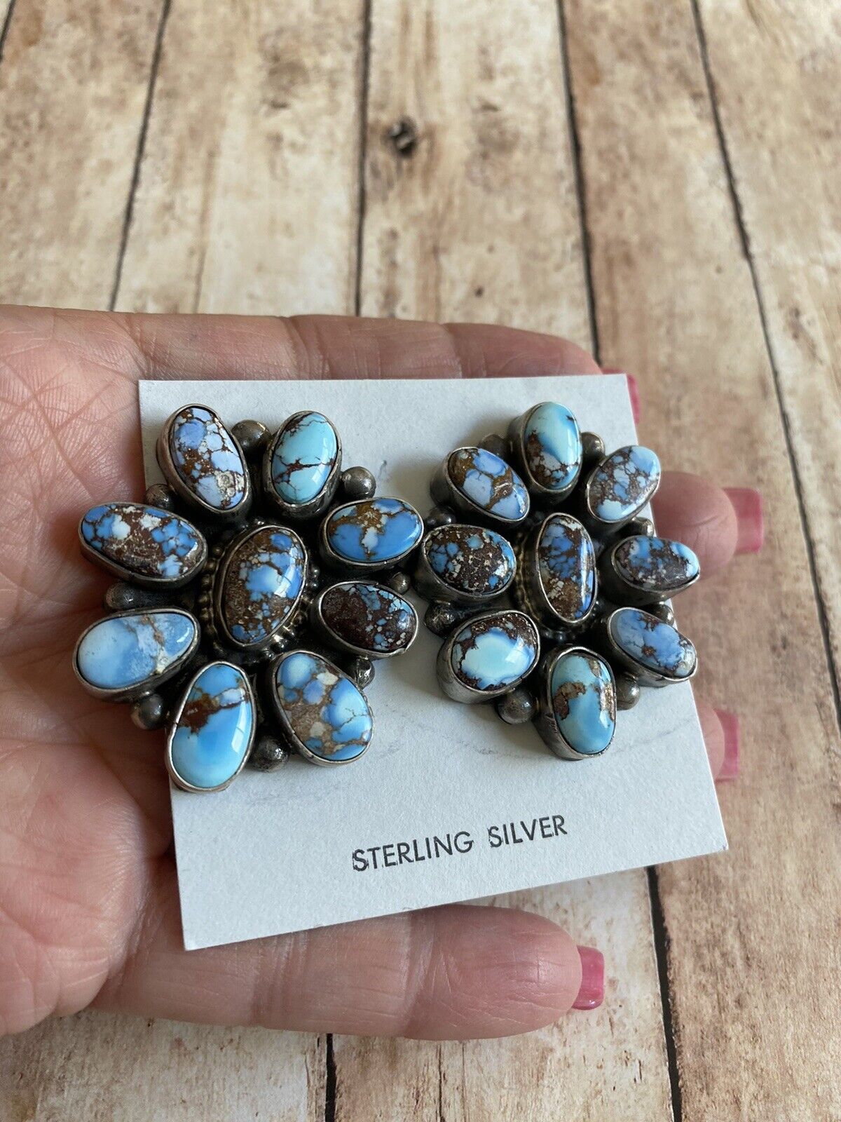 Navajo Sterling Silver & Golden Hills Turquoise  Cluster Post Earrings Signed