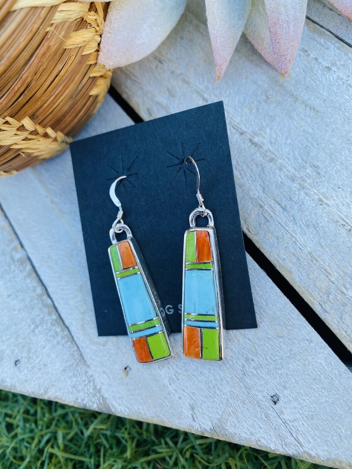 Navajo Multi Stone And Sterling Silver Inlay Dangle Earrings