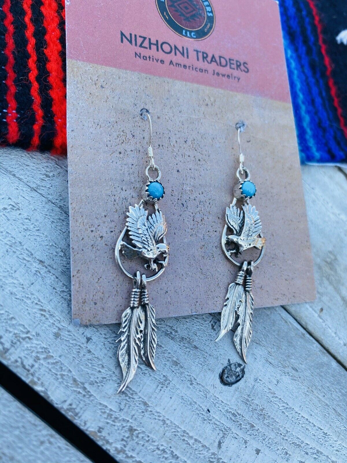 Navajo Sterling Silver  Turquoise Feather Dangle Earrings