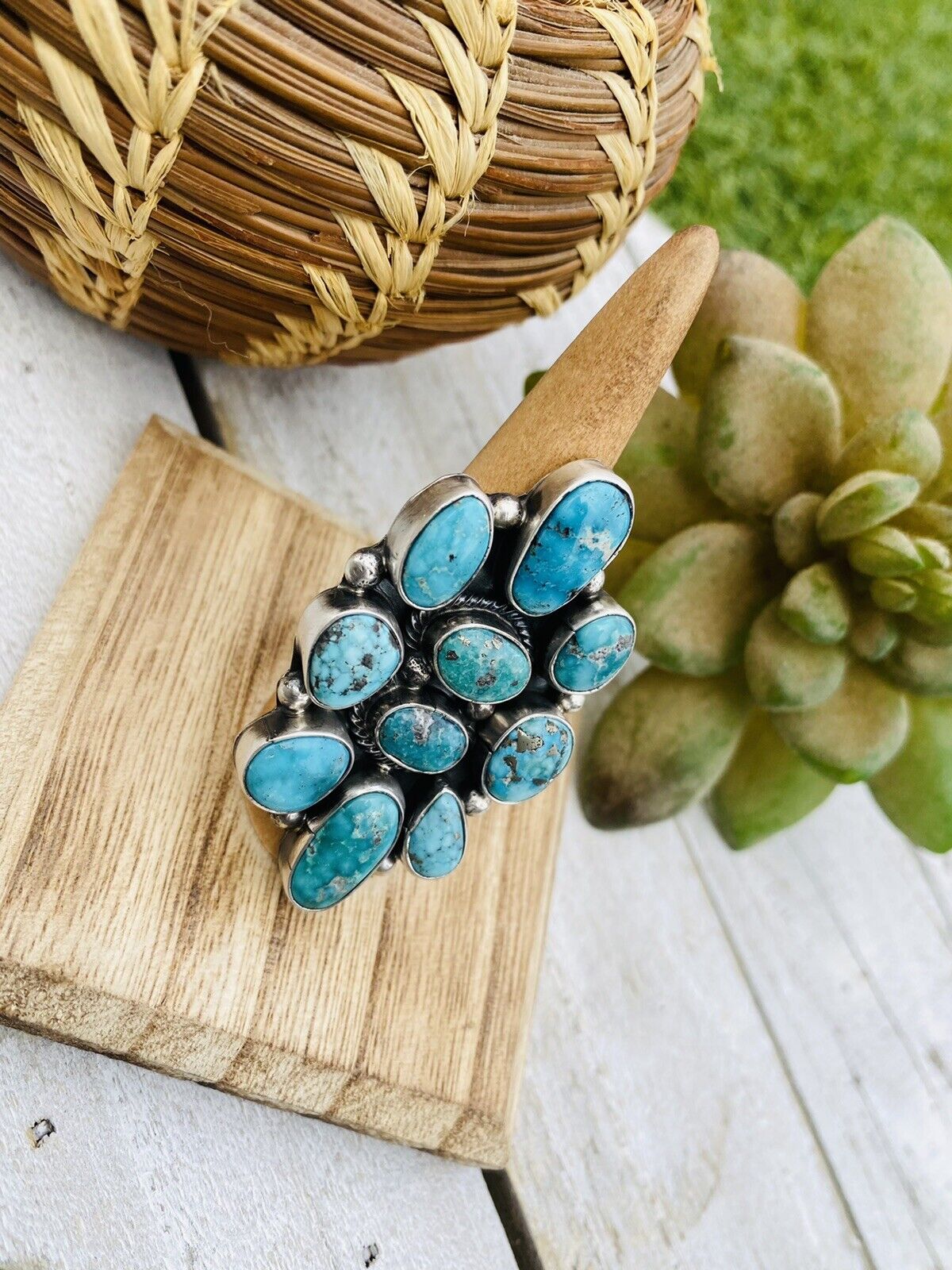 Navajo Turquoise & Sterling Silver Cluster Adjustable Ring