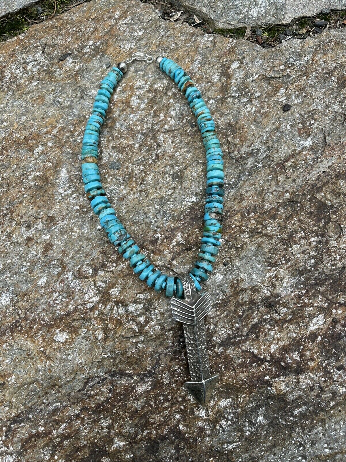 Navajo Natural Turquoise & Sterling Silver Tufa Cast Arrow Necklace