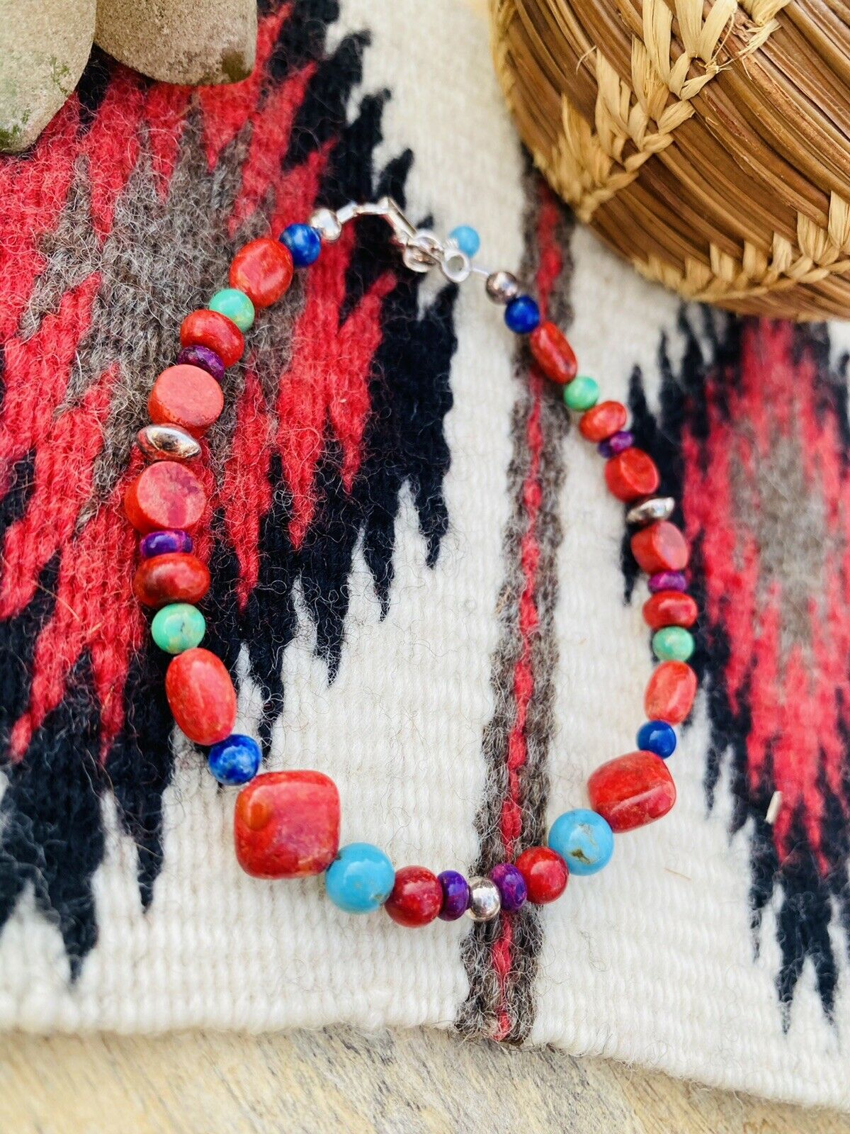 Navajo Coral & Multi Stone Sterling Silver Beaded Bracelet