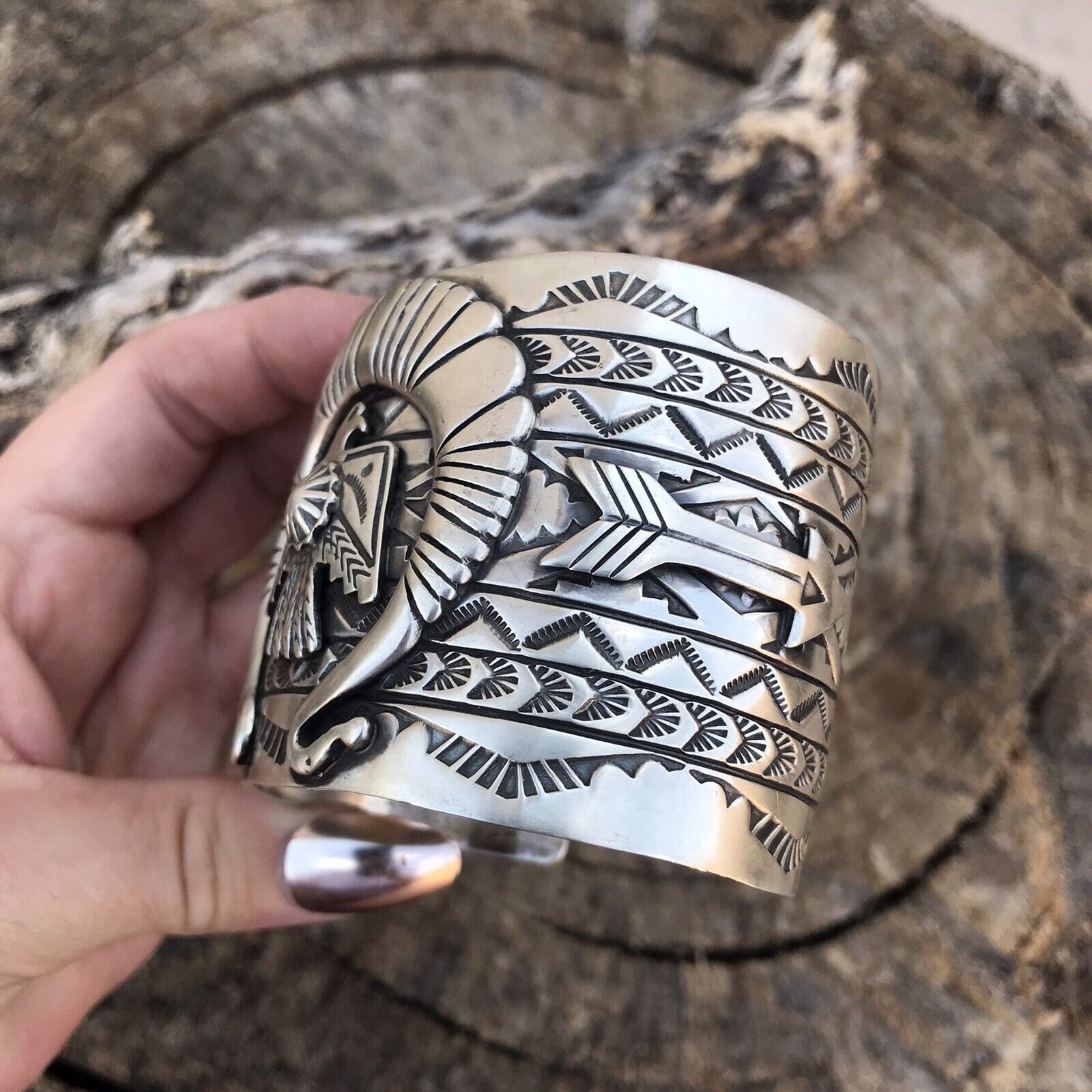 Sterling Silver Navajo Stamped Thunderbird Cuff Made By Rick Enrique