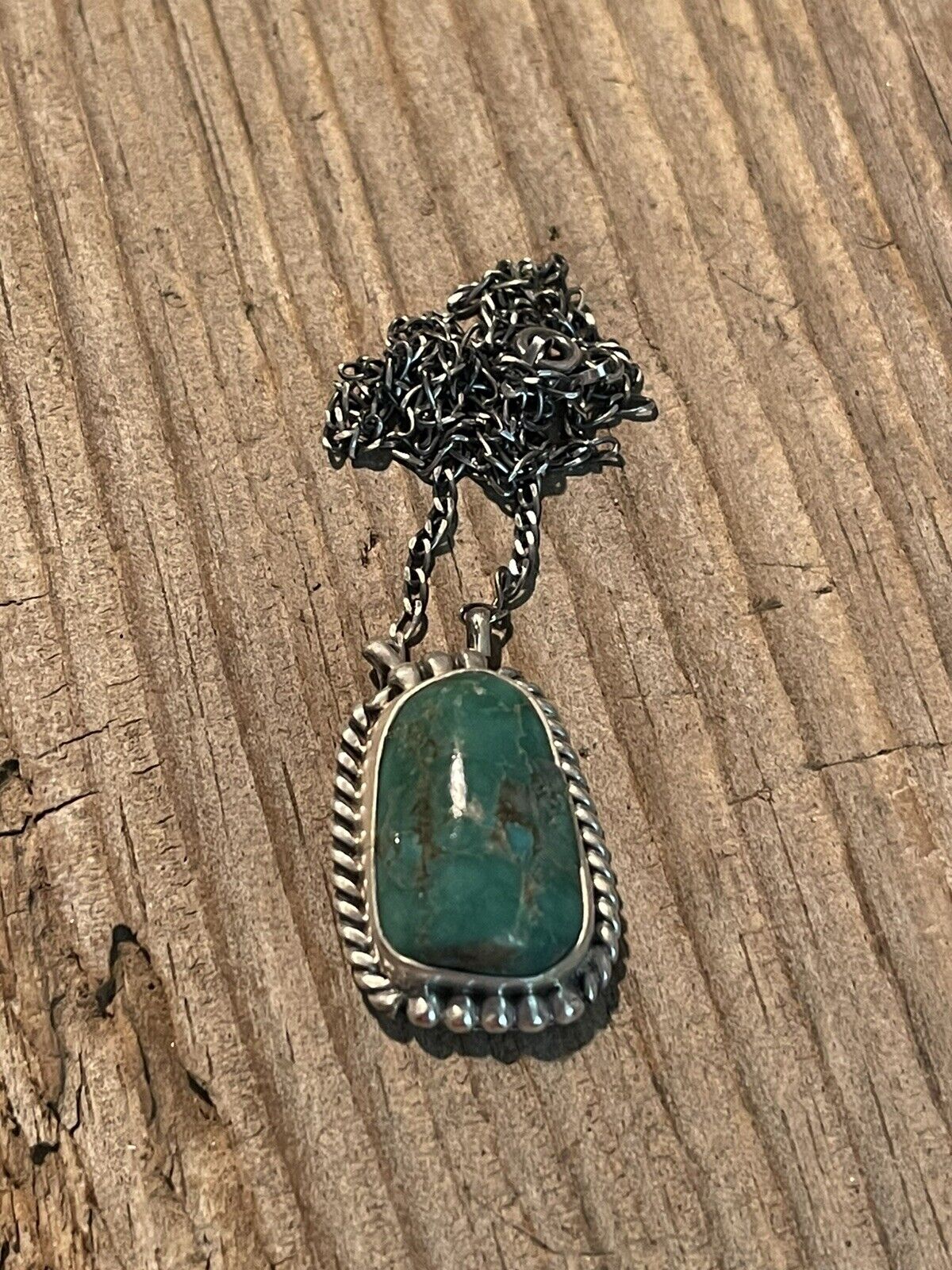 Navajo Sterling Silver And Morenci Turquoise Stone Southwest Necklace Signed