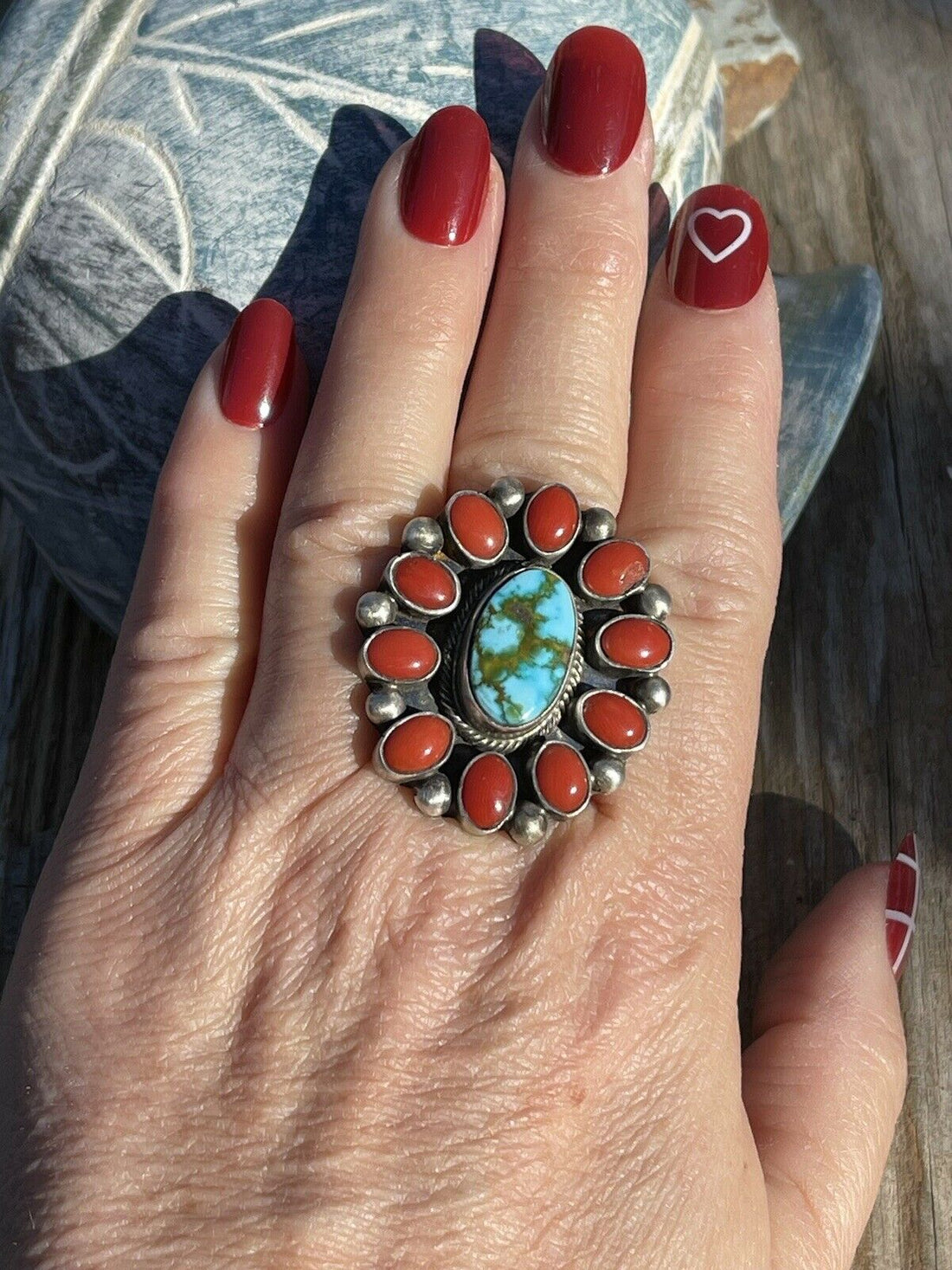 Handcrafted Sterling Silver Kingman Web Turquoise & Red Coral Taos Ring Sz 7