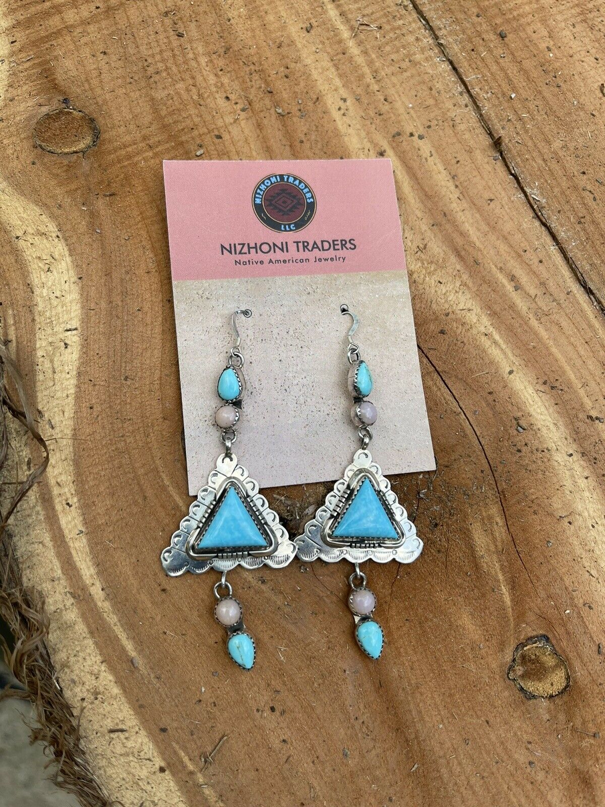 Navajo Sterling Southwest Triangle Pink Jasper Turquoise  Hook Dangle Earrings