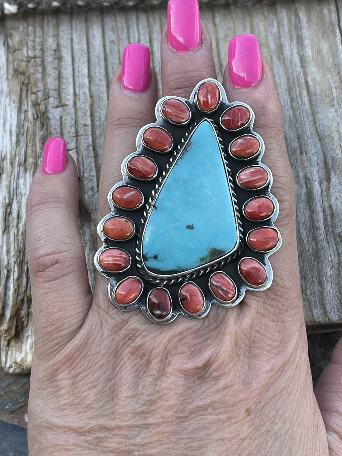 Navajo Cluster Fox Turquoise Spiny Sterling Silver Ring Sz Is Adjustable