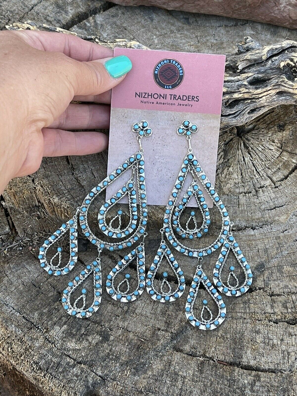 Zuni Sterling Silver  Snake Eye Chandelier Turquoise Dangle Earrings 