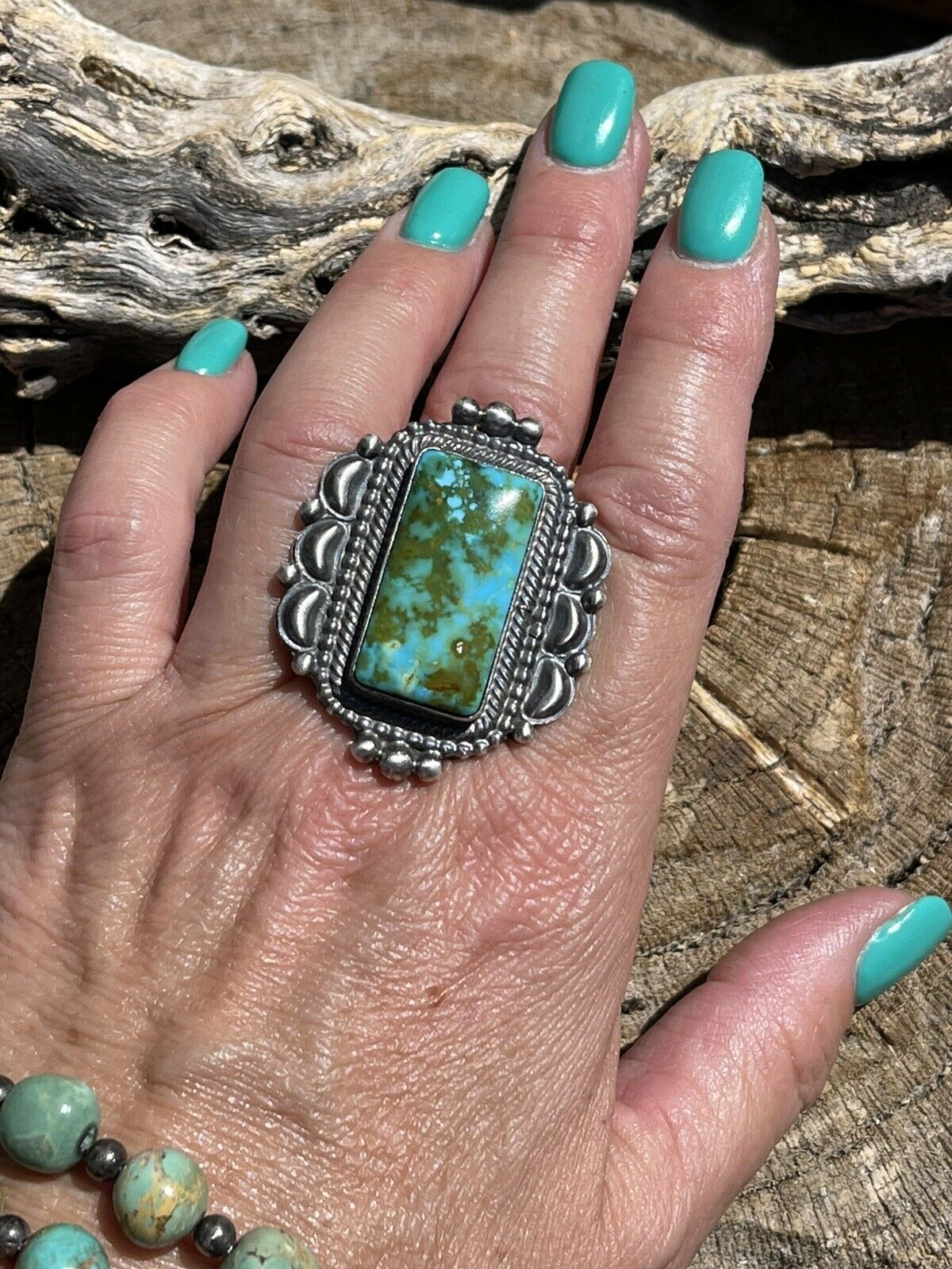 Navajo Sonoran Mountain Turquoise & Sterling Silver Statement Ring Size 9.5