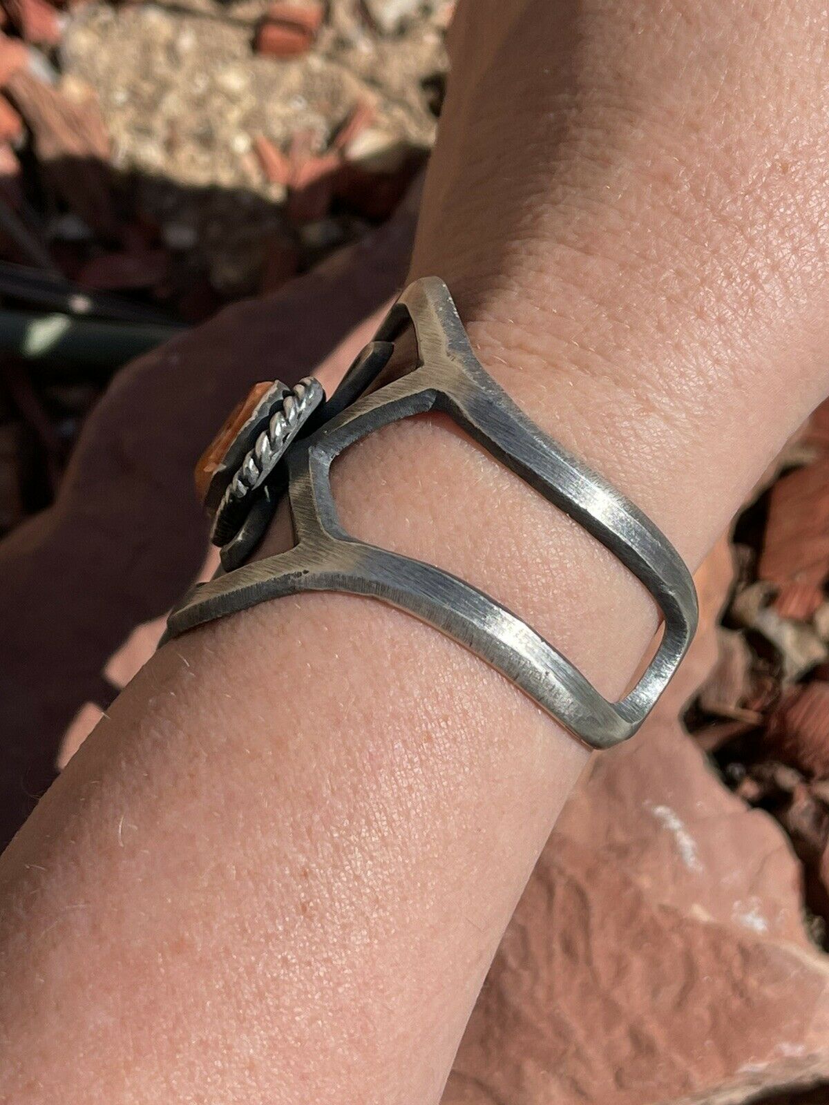 Navajo Orange Spiny & Sterling Silver Cuff Bracelet By Chimney Butte Signed