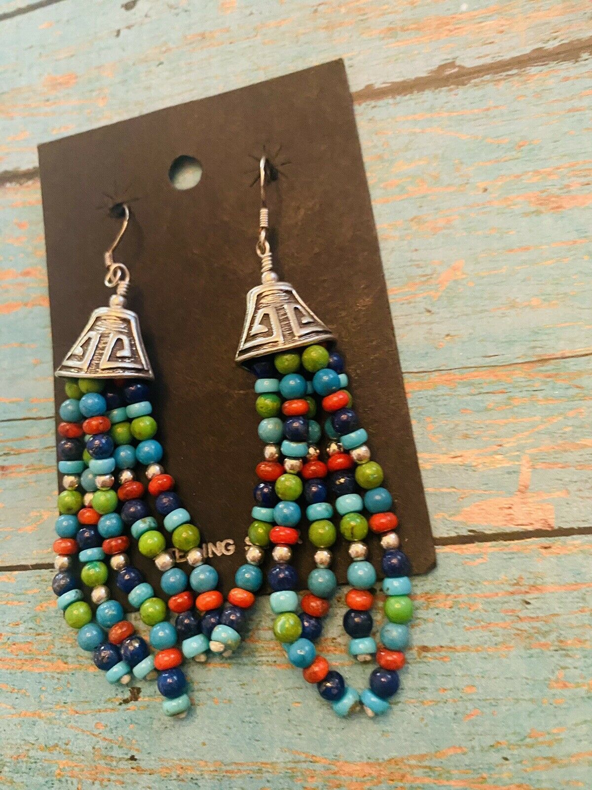 Navajo Sterling Silver Multi Stone Beaded Dangle Tassel Earrings