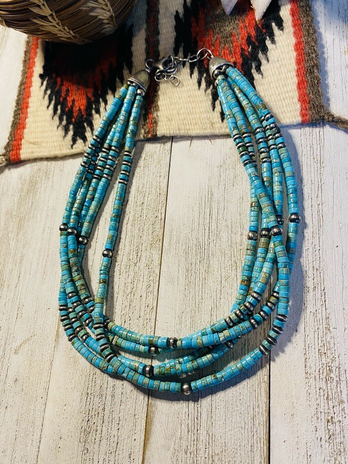 Navajo Turquoise & Sterling Silver Beaded 5 Strand Beaded Necklace