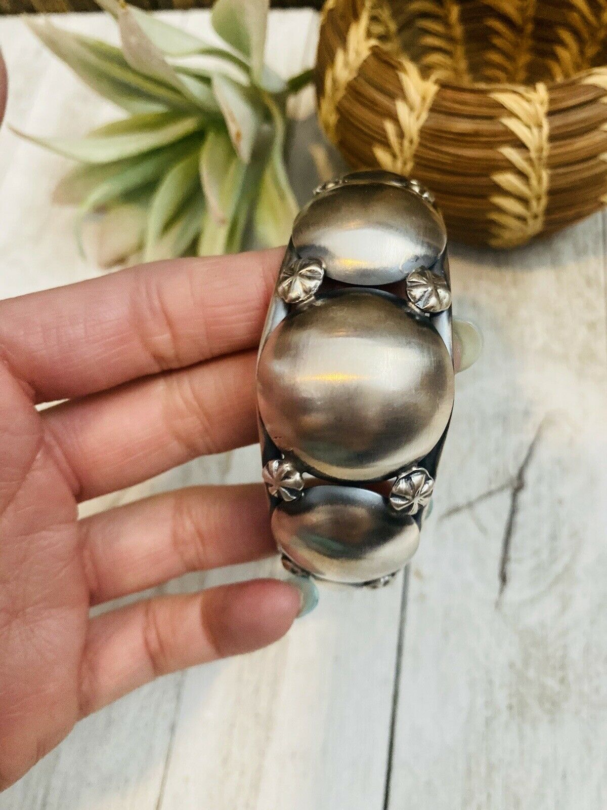 Navajo Sterling Silver Concho Cuff Bracelet By Emer Thompson