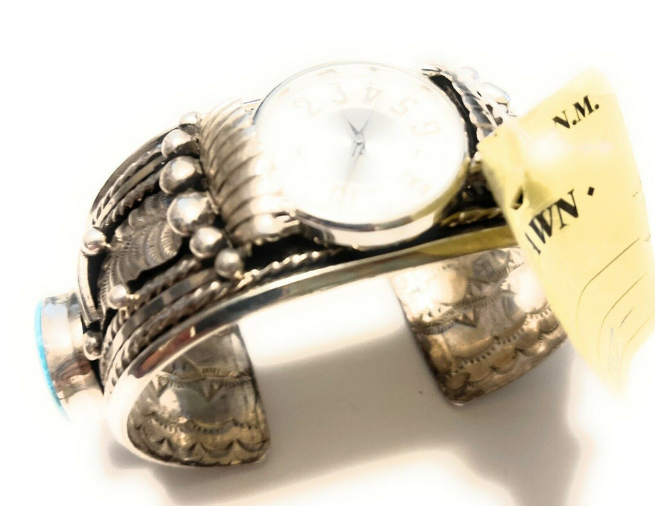 Vintage Zuni Art Acoya Kingman Turquoise Nugget Sterling Watch Cuff Bracelet
