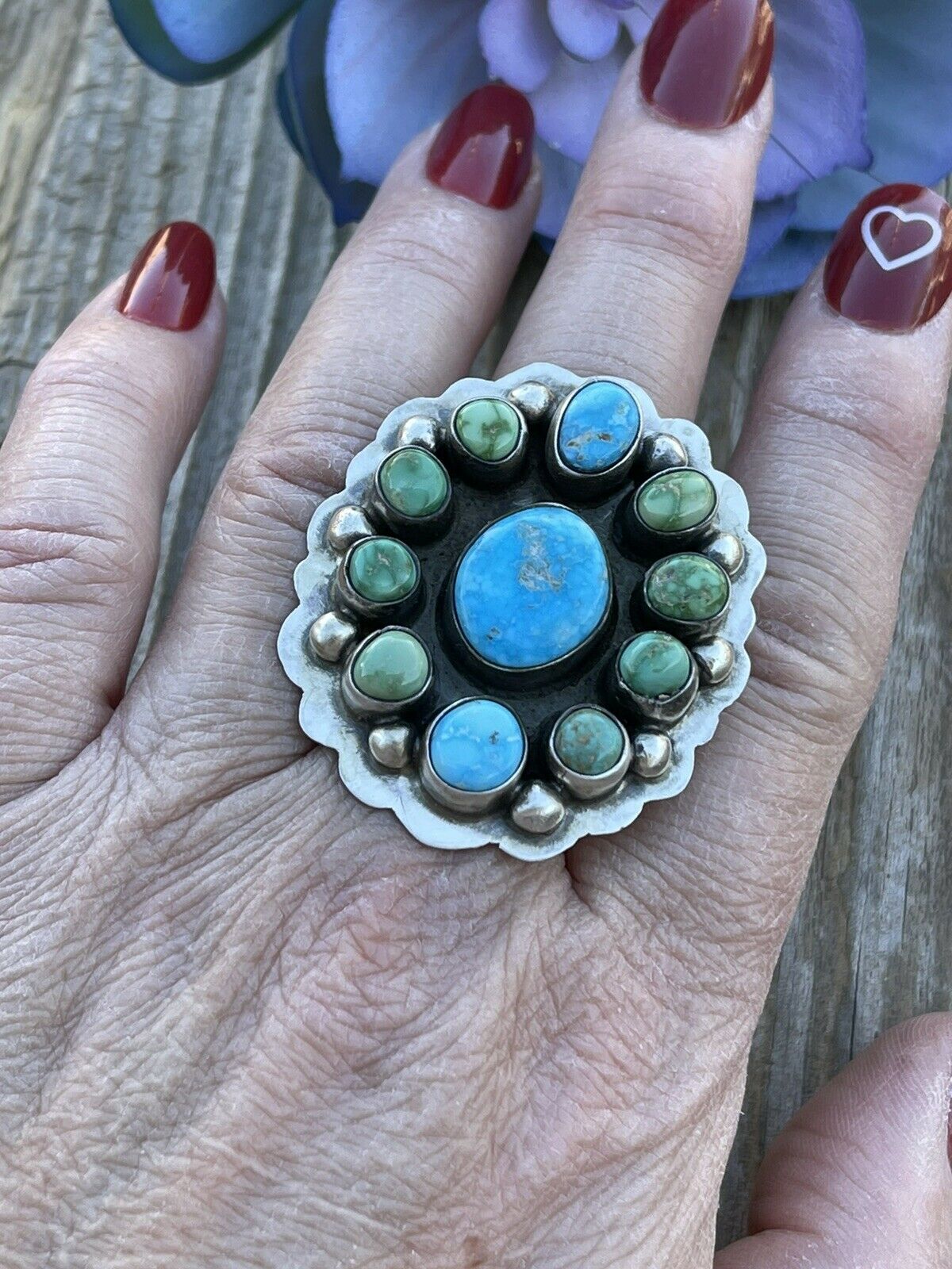 Navajo Sterling Sonoran Gold And Golden Hills Turquoise Cluster Ring Size 8.5