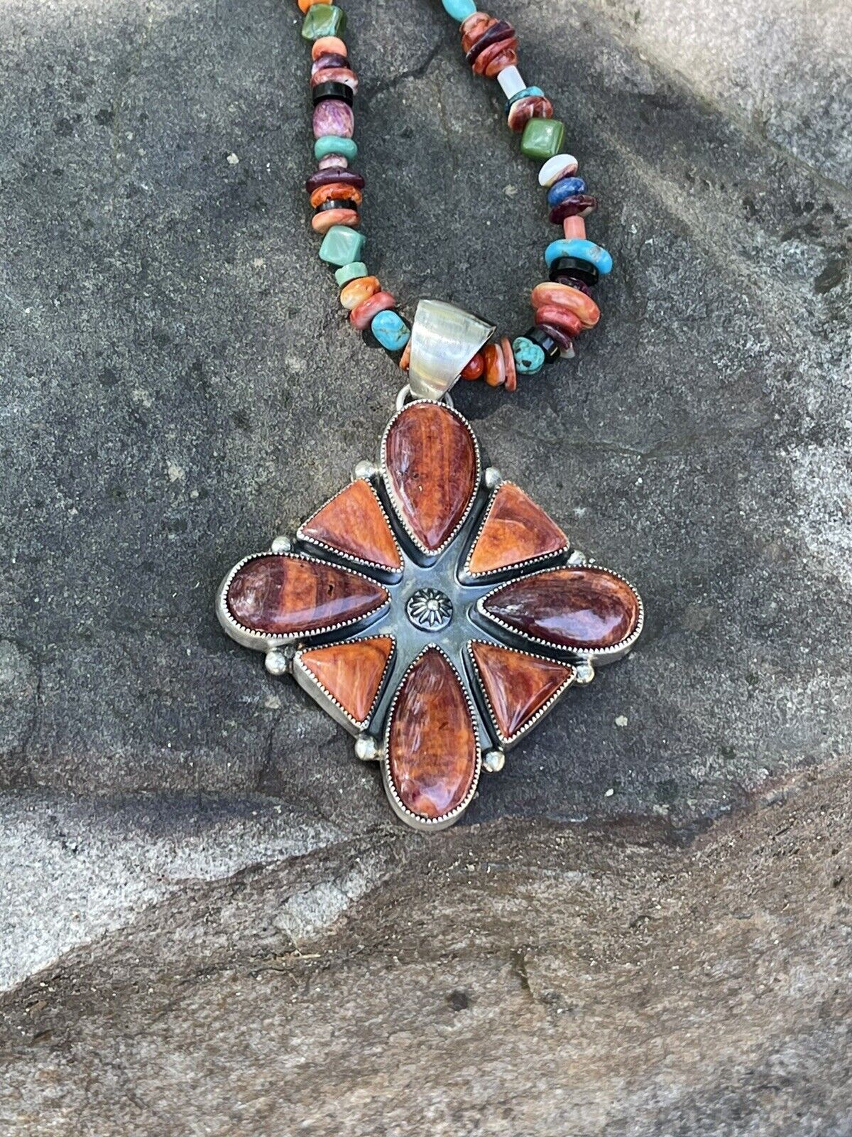 Navajo Sterling Silver Orange Spiny  Jumbo Cluster Pendant