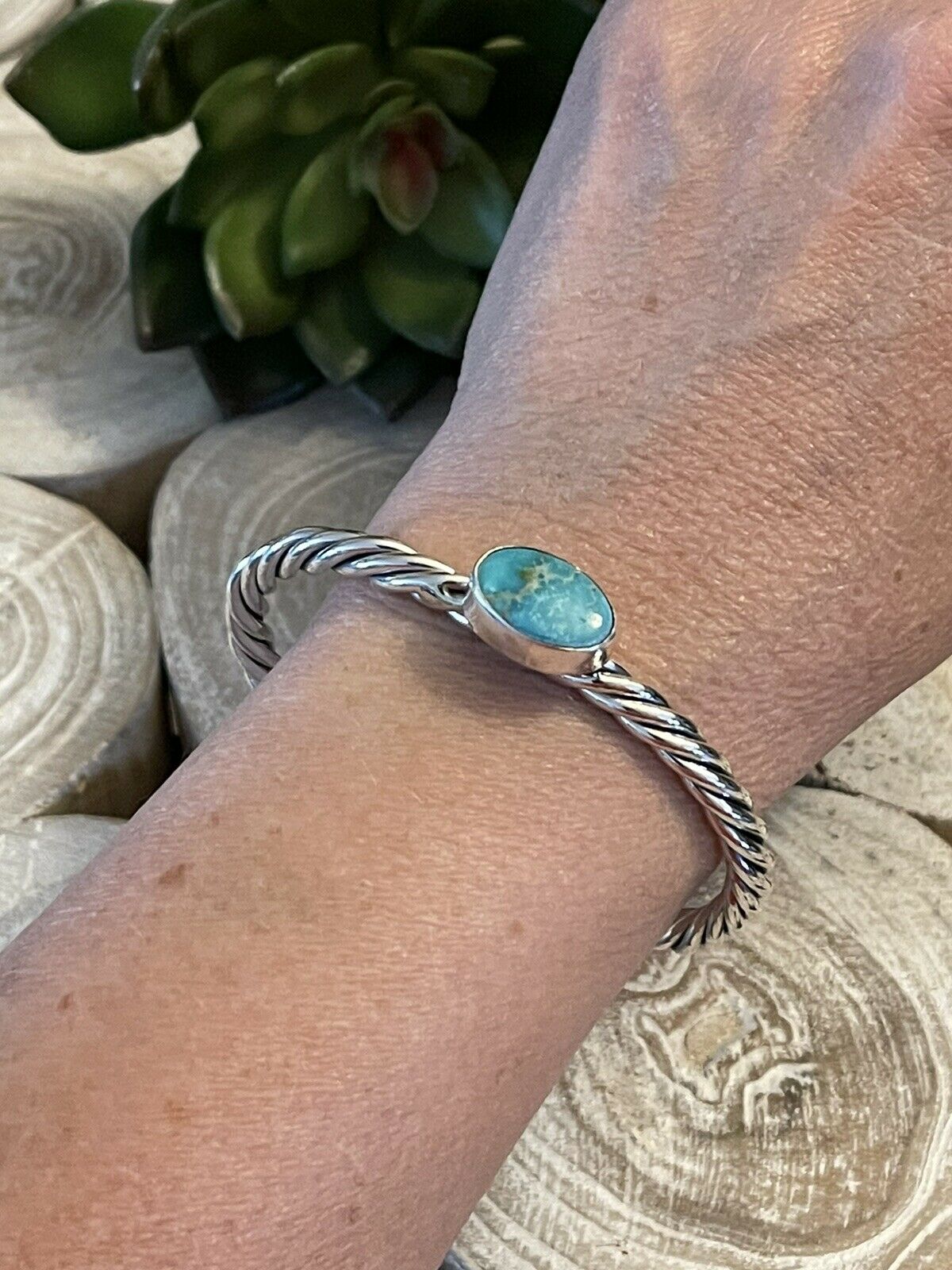 Navajo Sterling Sonoran Mountain Turquoise  Southwest Rope Bracelet Cuff