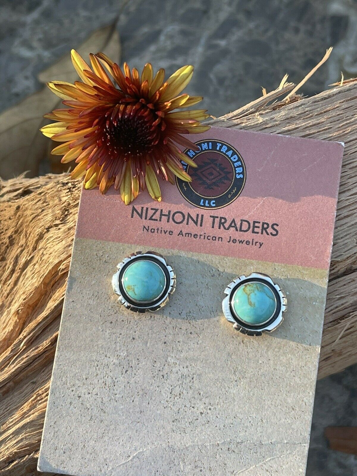 Signed Navajo Sterling Silver Turquoise Two shops Tone Stud Earrings